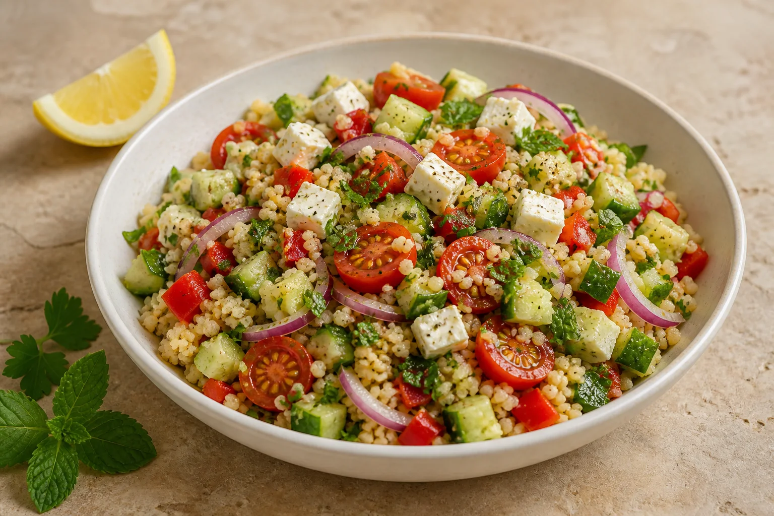 Fertiger Couscous-Salat mit Feta und frischem Gemüse