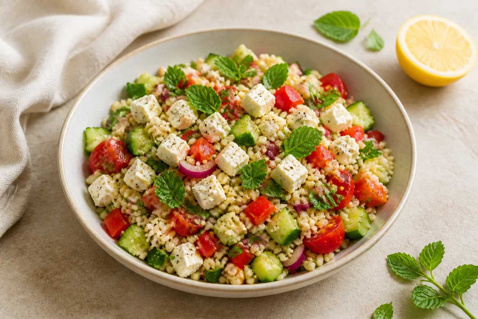 Couscous-Salat mit Feta, Gurke, Paprika und Tomaten