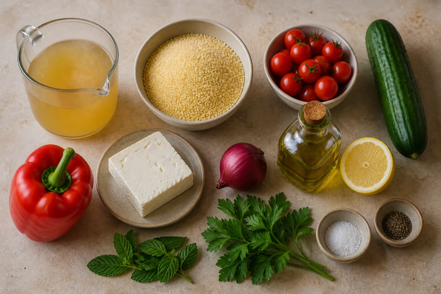 Zutaten für Couscous-Salat mit Feta und Gemüse