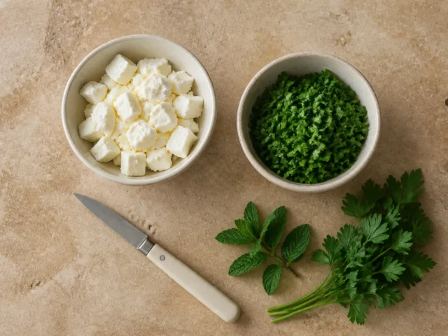 Kräuter und Feta vorbereiten