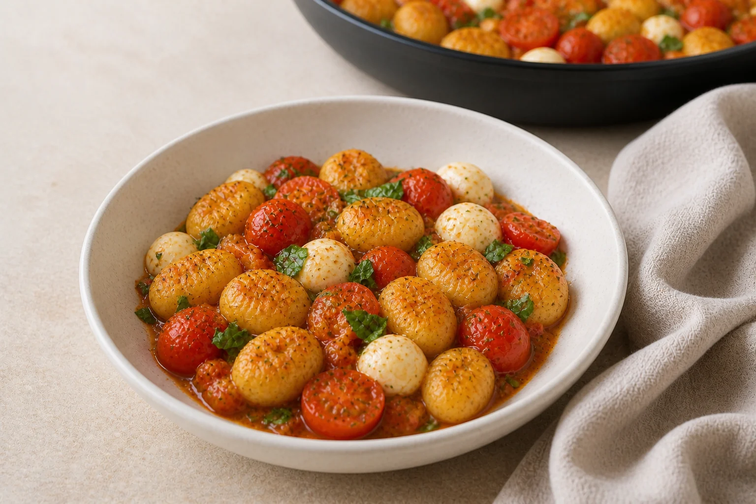 Servierte Gnocchi-Pfanne mit Tomaten, Mozzarella und Basilikum in einer hellen Schale