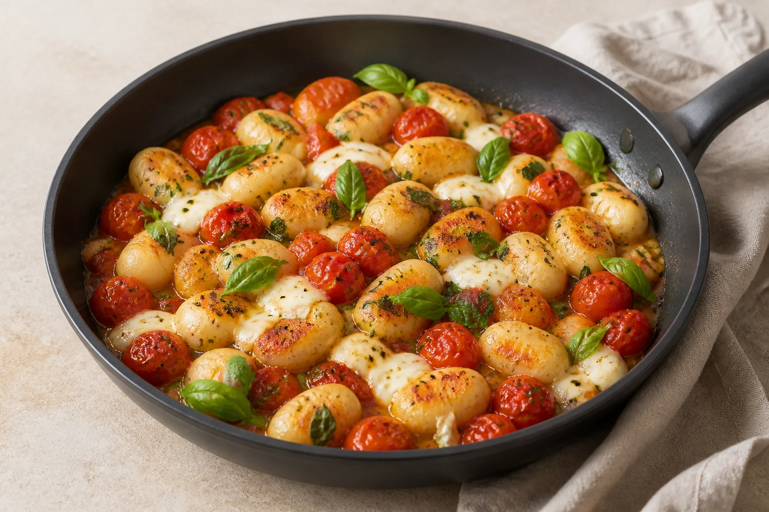 Gnocchi-Pfanne mit Kirschtomaten, Mozzarella und Basilikum in einer schwarzen Pfanne