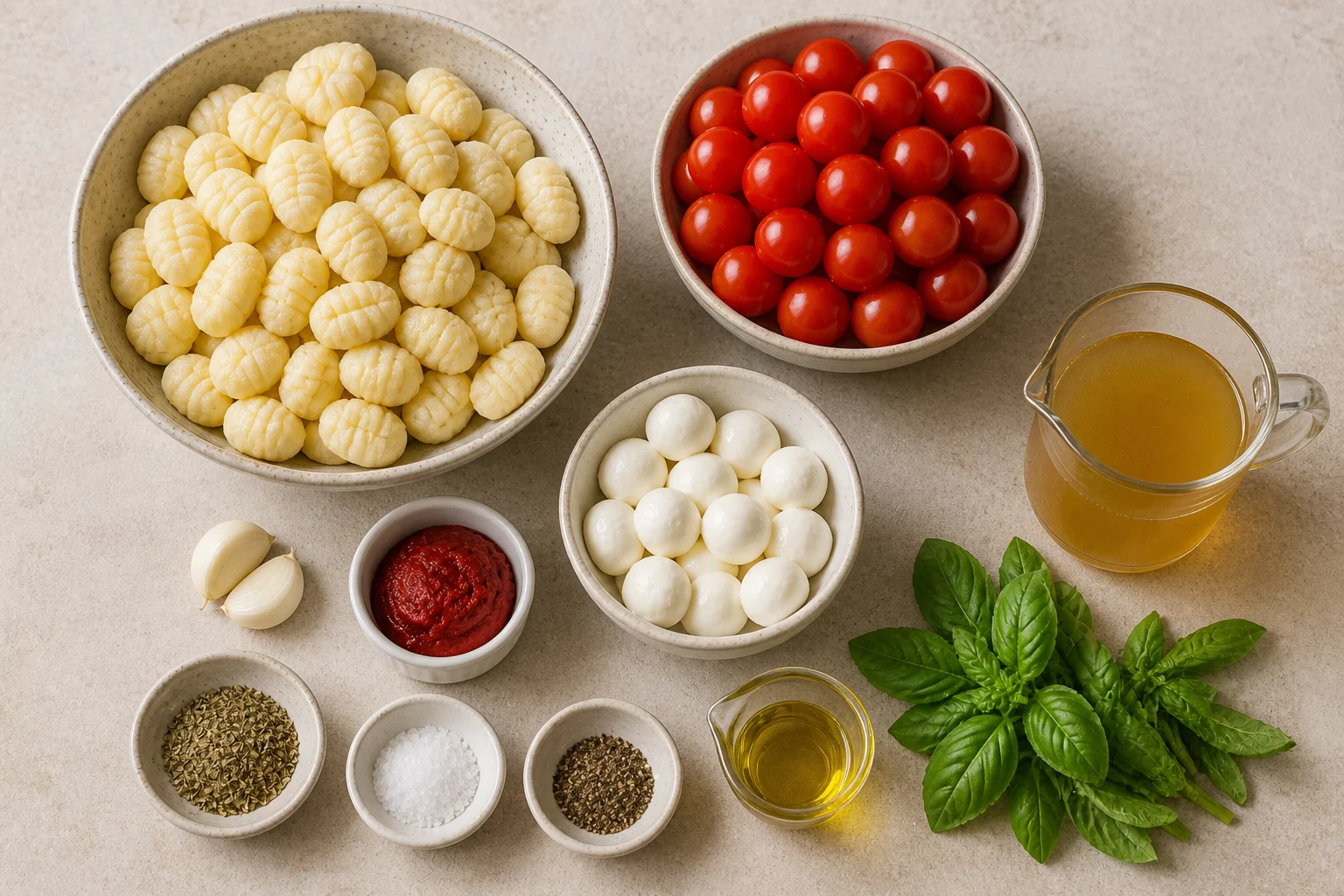 Gnocchi, Kirschtomaten, Mozzarella, Basilikum und weitere Zutaten für die Gnocchi-Pfanne