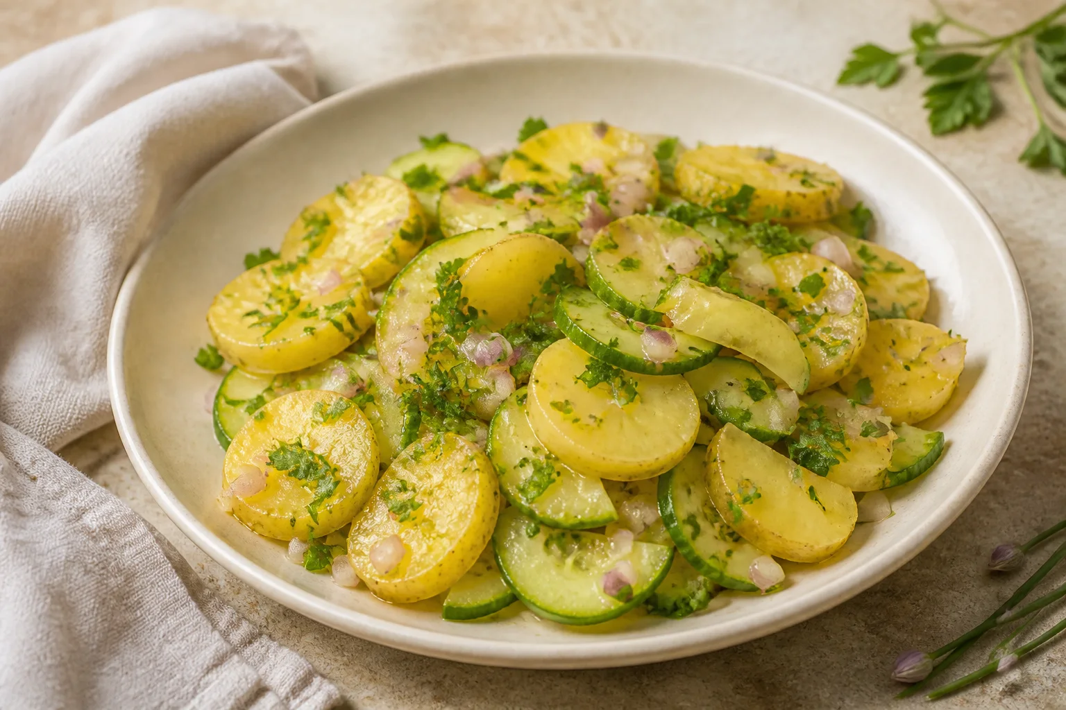 Fertiger Kartoffelsalat mit Gurke und Kräutern ohne Mayonnaise