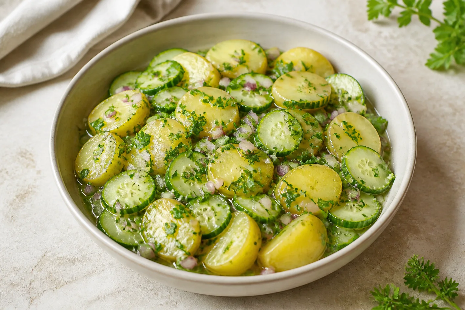 Kartoffelsalat mit Gurke, Brühe und frischen Kräutern ohne Mayo