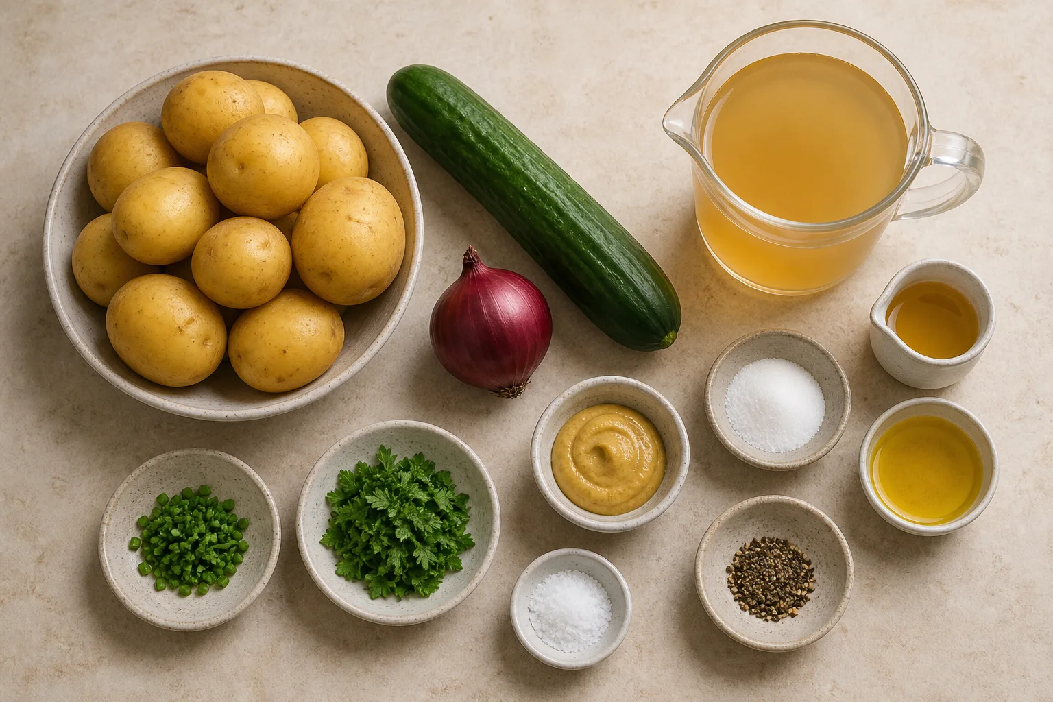 Zutaten für Kartoffelsalat mit Gurke und Brühe