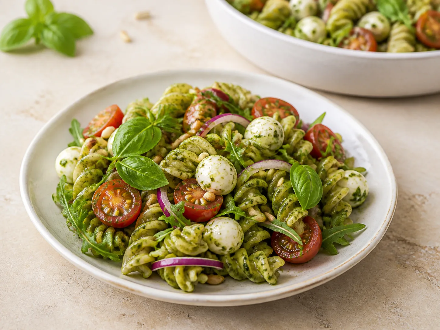 Fertiger mediterraner Nudelsalat mit Pesto und Pinienkernen