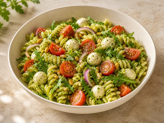 Mediterraner Nudelsalat mit Pesto – schnell & einfach