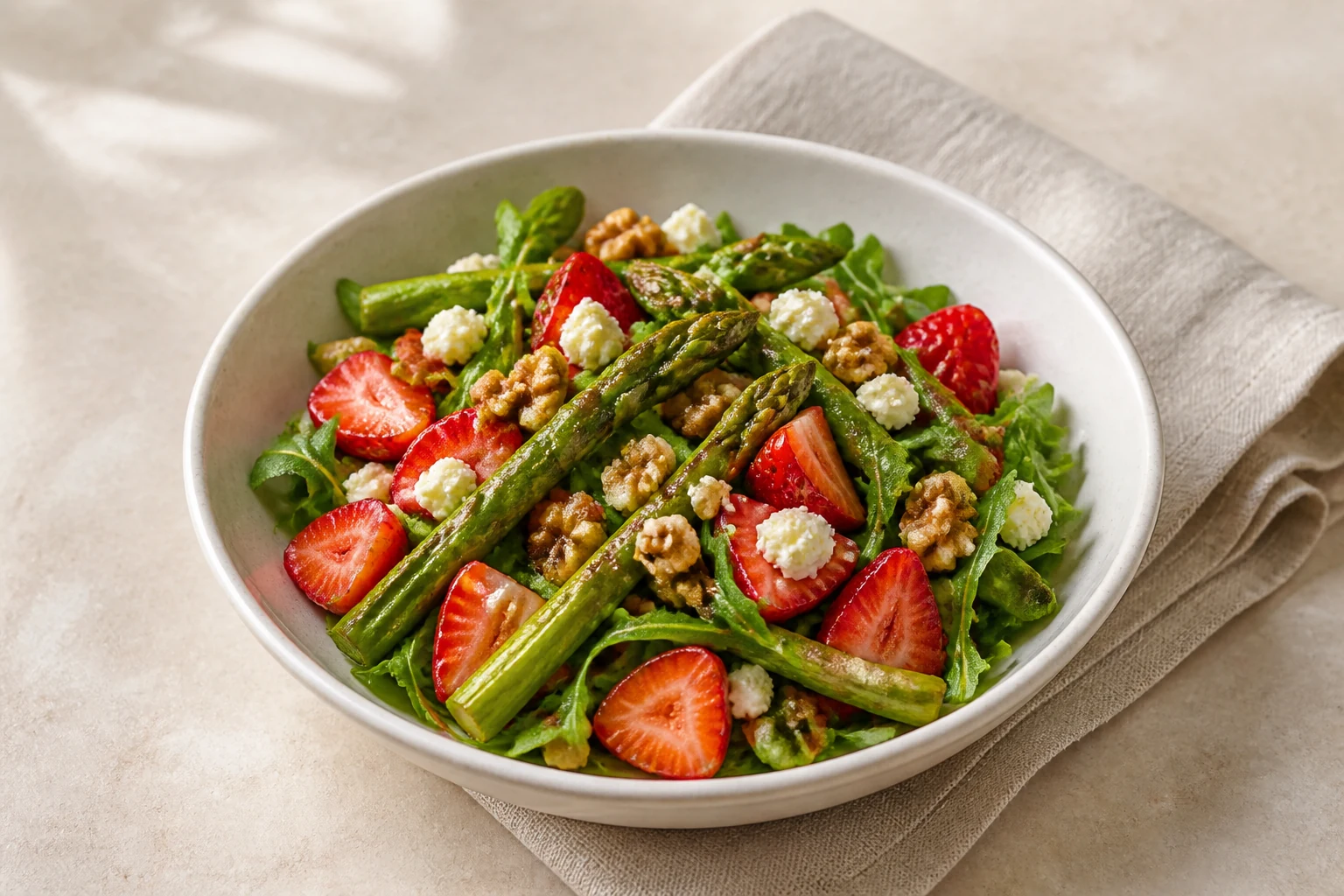 Fertiger Spargelsalat mit Erdbeeren, Feta und Walnüssen